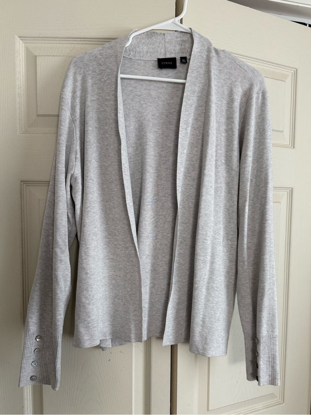 Cyrus Light Gray Open Front Cardigan with Button-Cuff Detail